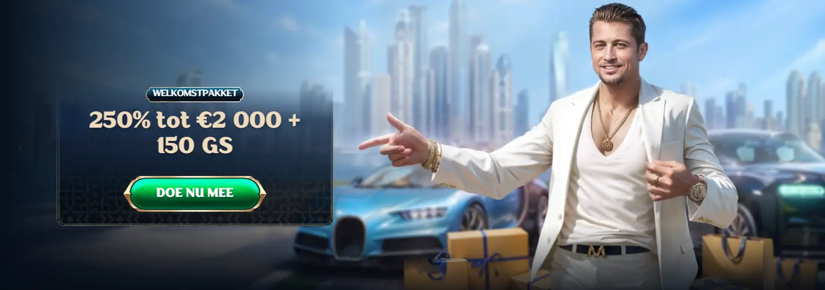 Promotiebanner van Millioner Casino met een stijlvolle man in wit pak naast een sportwagen in Dubai, met de aanbieding van 250% welkomstbonus tot €2.000 plus 150 gratis spins